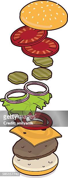 ilustraciones, imágenes clip art, dibujos animados e iconos de stock de hamburguesa con queso explotó - anilyanik