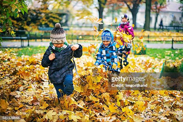 kids running in an autumn park - kicking bag stock pictures, royalty-free photos & images