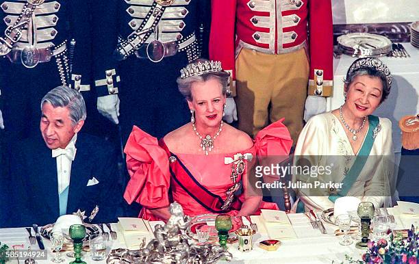 Emperor Akihito of Japan, Queen Margrethe II of Denmark, and Empress Michiko of Japan attend a State Banquet at Fredensborg Palace, during a 3 day...