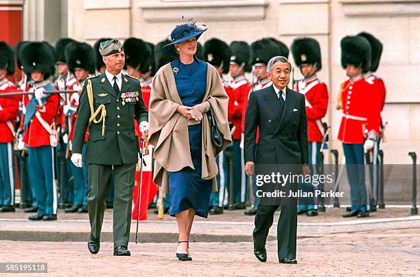Queen Margrethe II of Denmark, and Emperor Akihito of Japan, at Amalienborg Palace, Copenhagen,at the start of a 3 day State visit of Emperor...