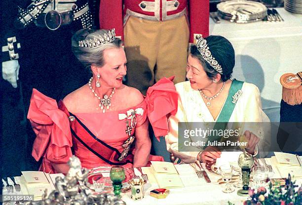 Queen Margrethe II of Denmark, and Empress Michiko of Japan attend a State Banquet at Fredensborg Palace, during a 3 day State visit of Emperor...