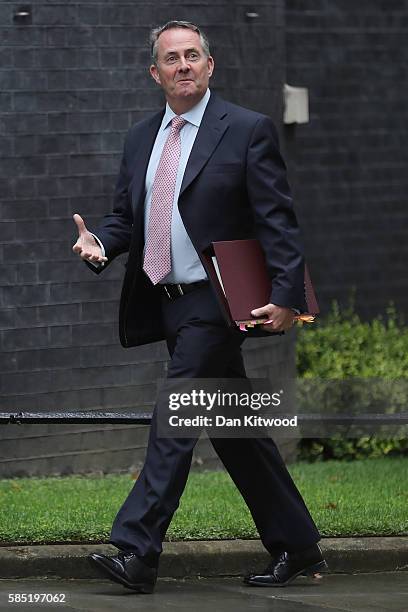 British Secretary of State for International Trade Liam Fox arrives at 10 Downing Street for the first meeting of the 'Economy and Industry Strategy...