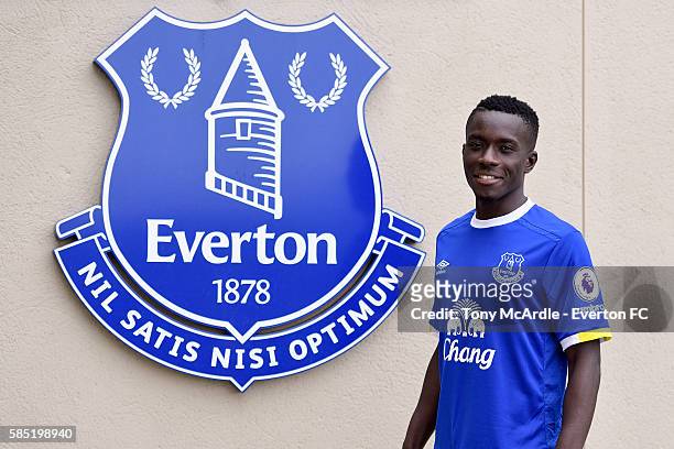 New Everton signing Idrissa Gueye poses for a photo at Finch Farm on August 2, 2016 in Halewood, England.