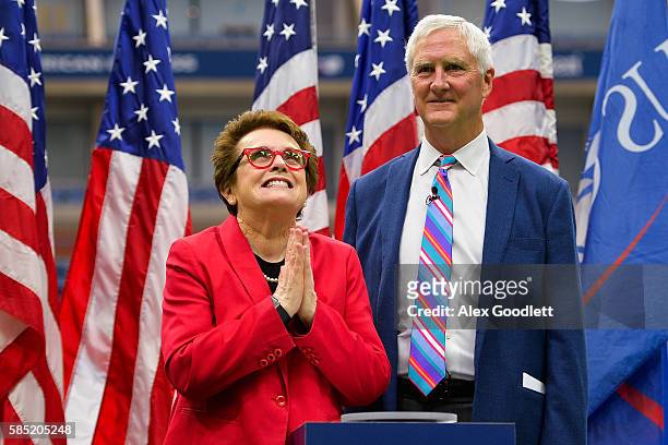 Billie Jean King and USTA Executive Director Gordon A. Smith look on before opening the roof during an event at Arthur Ashe Stadium on August 2, 2016...