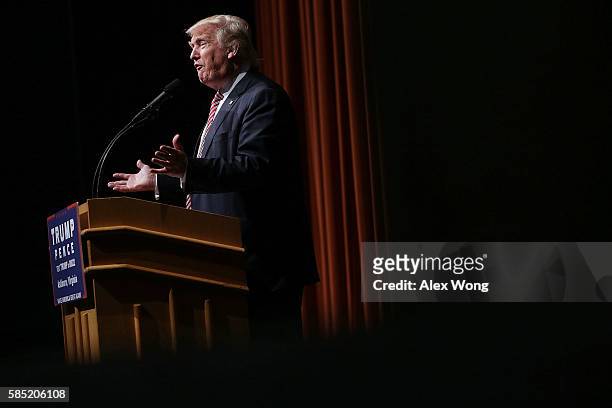 Republican presidential nominee Donald Trump speaks during a campaign event at Briar Woods High School August 2, 2016 in Ashburn, Virginia. Trump...