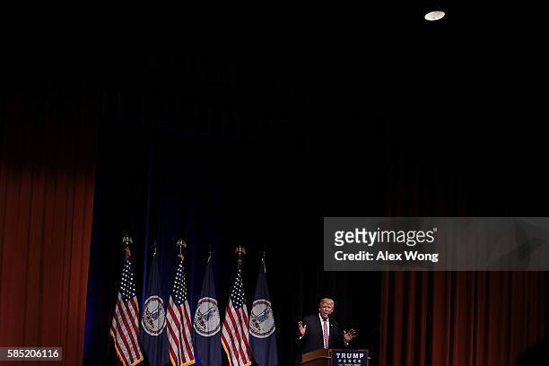 Republican presidential nominee Donald Trump speaks during a campaign event at Briar Woods High School August 2, 2016 in Ashburn, Virginia. Trump...
