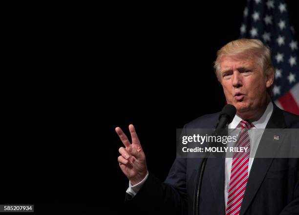 Republican presidential nominee Donald Trump speaks during a campaign event at Briar Woods High School August 2 in Ashburn, Virginia.