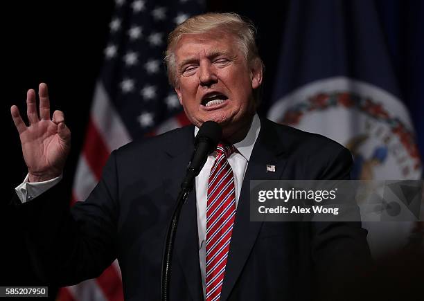 Republican presidential nominee Donald Trump speaks at a campaign event at Briar Woods High School August 2, 2016 in Ashburn, Virginia. Trump...