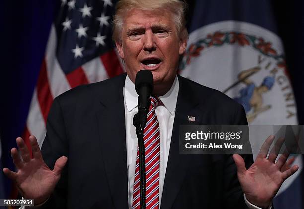 Republican presidential nominee Donald Trump speaks at a campaign event at Briar Woods High School August 2, 2016 in Ashburn, Virginia. Trump...