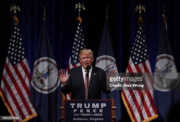 Republican presidential nominee Donald Trump speaks at a campaign event at Briar Woods High School August 2, 2016 in Ashburn, Virginia. Trump...