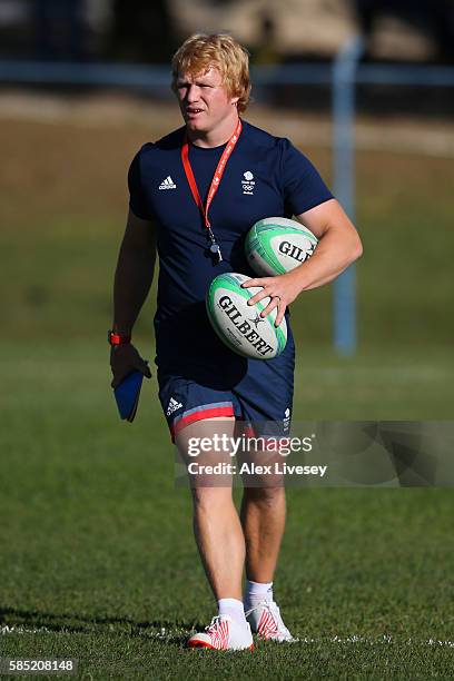 Richie Pugh the Women's assistant coach looks on during the Great Britain Rugby 7's training session at Cruzeiro FC on August 1, 2016 in Belo...