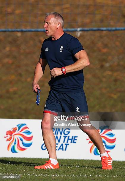 Simon Middleton the Women's head coach looks on during the Great Britain Rugby 7's training session at Cruzeiro FC on August 1, 2016 in Belo...