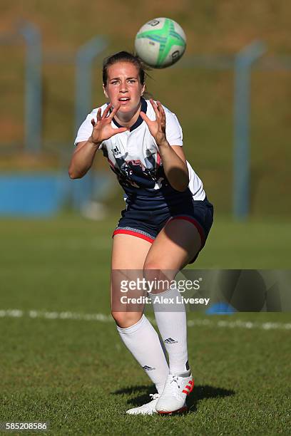 Emily Scarratt receives the ball during the Great Britain Rugby 7's training session at Cruzeiro FC on August 1, 2016 in Belo Horizonte, Brazil.