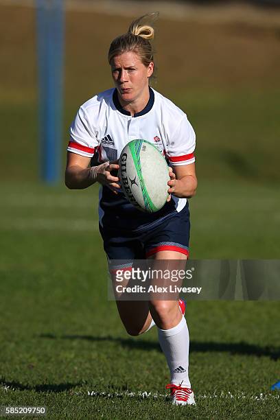 Danielle Waterman runs with the ball during the Great Britain Rugby 7's training session at Cruzeiro FC on August 1, 2016 in Belo Horizonte, Brazil.