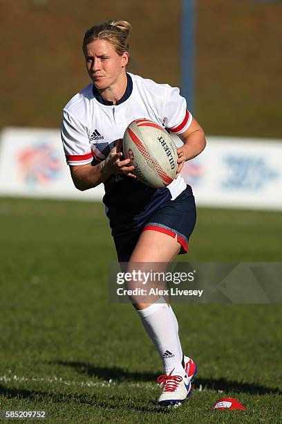 Danielle Waterman runs with the ball during the Great Britain Rugby 7's training session at Cruzeiro FC on August 1, 2016 in Belo Horizonte, Brazil.