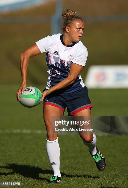 Kay Wilson runs with the ball during the Great Britain Rugby 7's training session at Cruzeiro FC on August 1, 2016 in Belo Horizonte, Brazil.