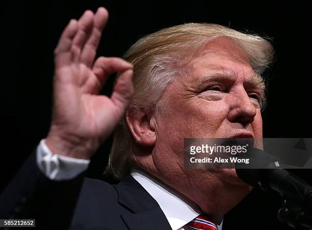 Republican presidential nominee Donald Trump speaks to voters during a campaign event at Briar Woods High School August 2, 2016 in Ashburn, Virginia....