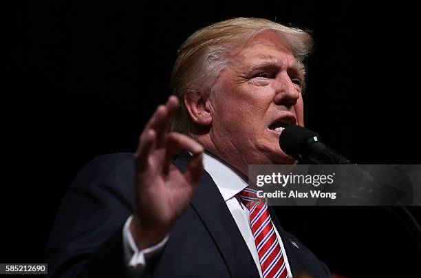 Republican presidential nominee Donald Trump speaks to voters during a campaign event at Briar Woods High School August 2, 2016 in Ashburn, Virginia....