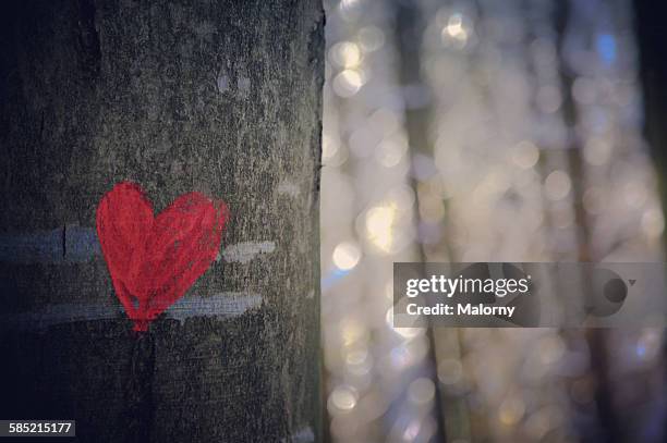 close-up of a red heart painted on a tree - begehren stock-fotos und bilder