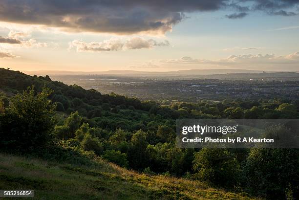 view of east manchester from werneth low country park - manchester en omgeving stockfoto's en -beelden