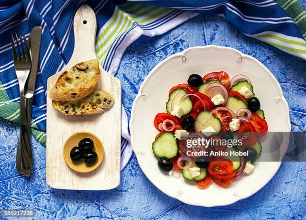 greek salad top view - greek culture stock-fotos und bilder