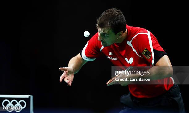 Timo Boll of Germany practices during a training session for table tennis at the Rio Centro Pavilion for the 2016 Summer Olympic Games on August 2,...