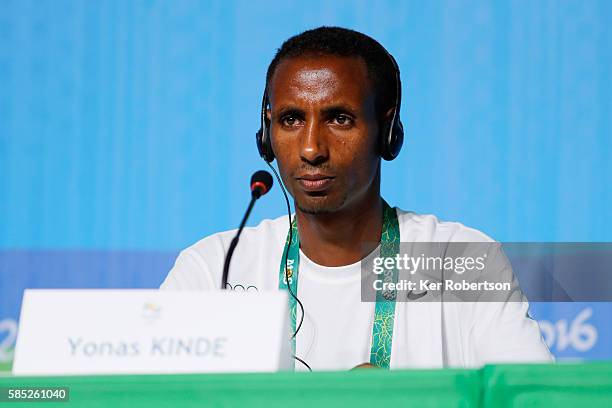 Ethiopian runner Yonas Kinde of the Refugee Olympic Team attends a press conference on August 2, 2016 in Rio de Janeiro, Brazil.