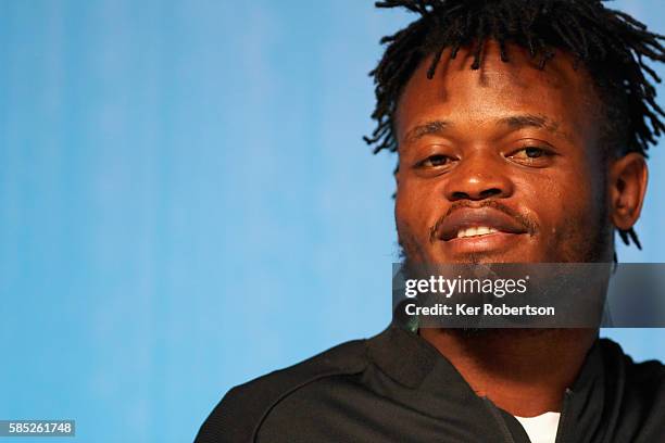 Judoka Popole Misenga from the Democratic Republic of the Congo talks while attending a press conference given by the Olympic Refugee Team on August...