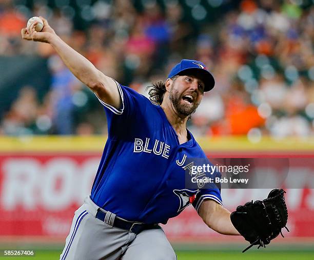 Dickey of the Toronto Blue Jays pitches in the first inning against the Houston Astros at Minute Maid Park on August 2, 2016 in Houston, Texas.