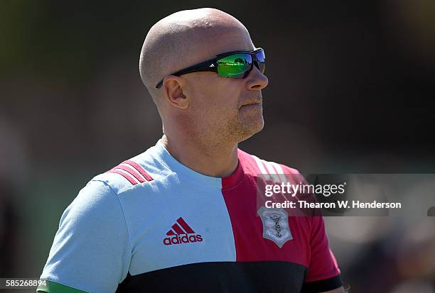 Head coach Mark Mapletoft of Harlequins looks on as his team practice at San Francisco Golden Gate RFC on August 2, 2016 in San Francisco, California.