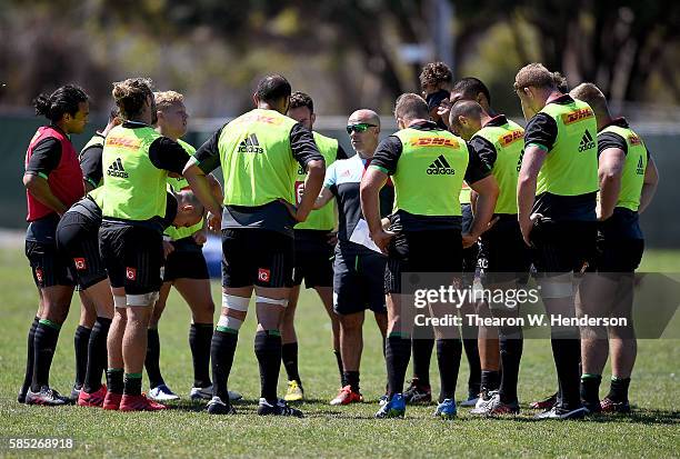 Head coach Mark Mapletoft of Harlequins talks with his team during practice at San Francisco Golden Gate RFC on August 2, 2016 in San Francisco,...