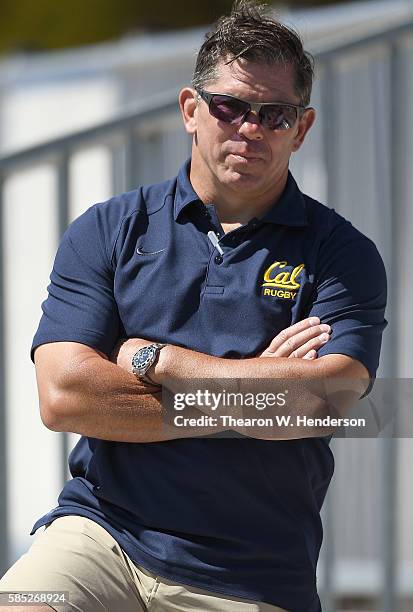 University of California Rugby coach and former player Tom Billups looks on as the Harlequins rugby team practice at San Francisco Golden Gate RFC on...