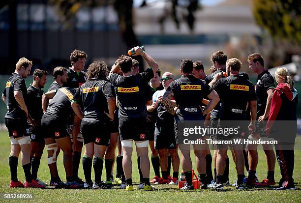 Head coach Mark Mapletoft of Harlequins talks with his team during practice at San Francisco Golden Gate RFC on August 2, 2016 in San Francisco,...