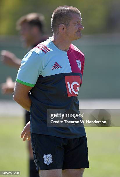 Forwards coach Graham Rowntree of Harlequins looks on as his team practice at San Francisco Golden Gate RFC on August 2, 2016 in San Francisco,...