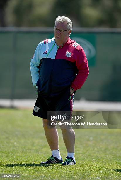 Director of Rugby John Kingston of Harlequins looks on as his team practice at San Francisco Golden Gate RFC on August 2, 2016 in San Francisco,...