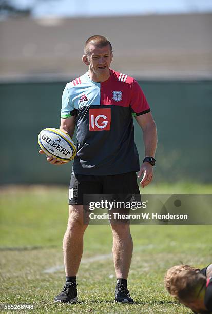 Forwards coach Graham Rowntree of Harlequins looks on as his team practice at San Francisco Golden Gate RFC on August 2, 2016 in San Francisco,...
