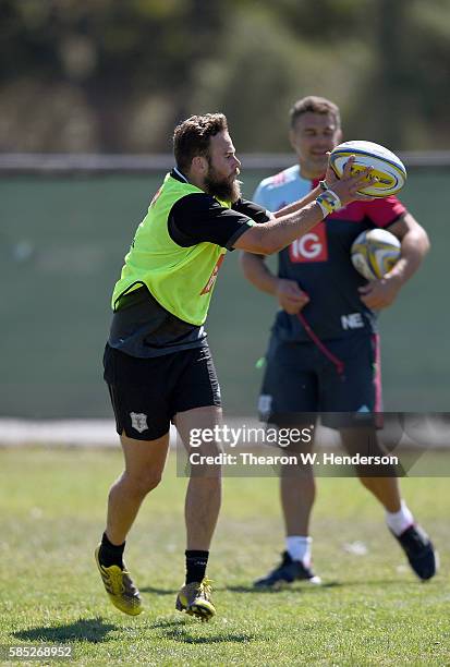 Ruaridh Jackson fly-half of Harlequins runs with the ball during a team practice at San Francisco Golden Gate RFC on August 2, 2016 in San Francisco,...
