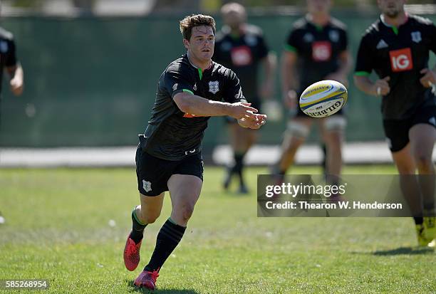 Tim Swiel fly-half/full back of Harlequins passes the ball during a team practice at San Francisco Golden Gate RFC on August 2, 2016 in San...