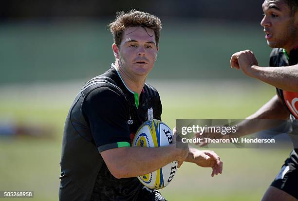 Tim Swiel fly-half/full back of Harlequins runs with the ball during a team practice at San Francisco Golden Gate RFC on August 2, 2016 in San...
