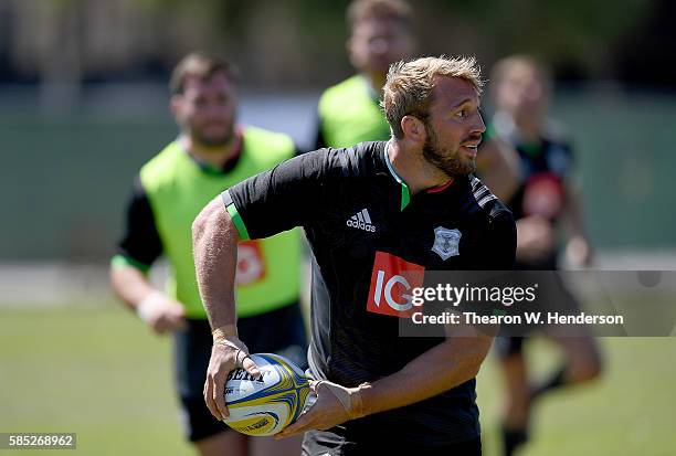 Chris Robshaw back row of Harlequins runs with the ball during a team practice at San Francisco Golden Gate RFC on August 2, 2016 in San Francisco,...