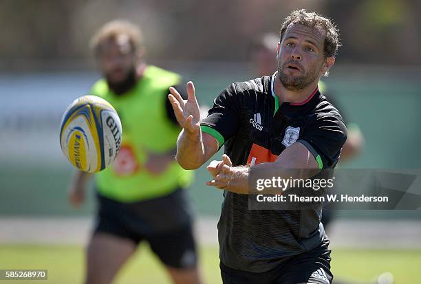Nick Evans fly-half of Harlequins passes the ball during a team practice at San Francisco Golden Gate RFC on August 2, 2016 in San Francisco,...
