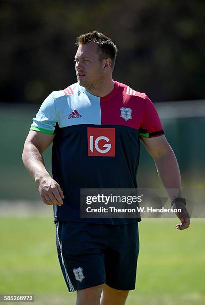 Strength coach Adam Bishop of Harlequins walks off the field during a team practice at San Francisco Golden Gate RFC on August 2, 2016 in San...