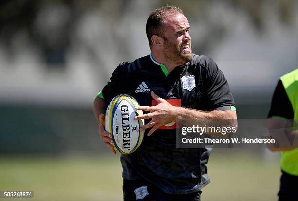 Jamie Roberts center of Harlequins runs with the ball during a team practice at San Francisco Golden Gate RFC on August 2, 2016 in San Francisco,...