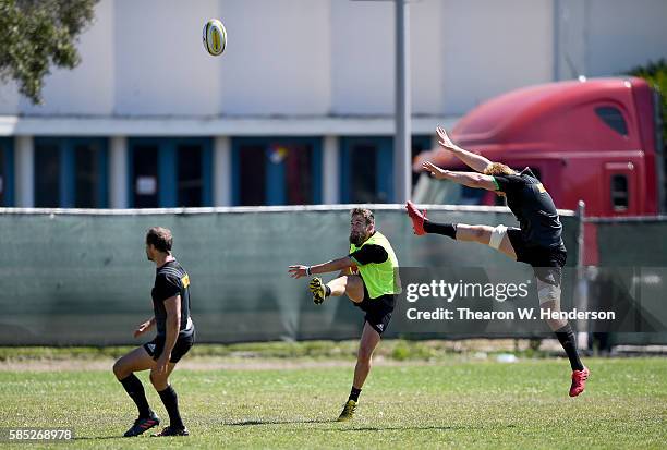 Ruaridh Jackson fly-half of Harlequins kicks the ball during a team practice at San Francisco Golden Gate RFC on August 2, 2016 in San Francisco,...