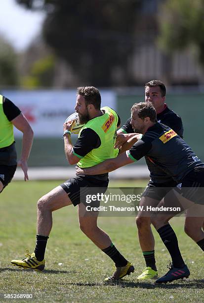 Ruaridh Jackson fly-half of Harlequins runs with the ball during a team practice at San Francisco Golden Gate RFC on August 2, 2016 in San Francisco,...