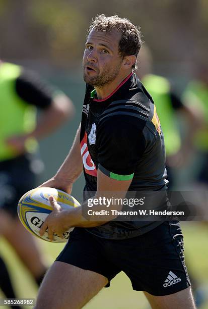 Nick Evans fly-half of Harlequins passes the ball during a team practice at San Francisco Golden Gate RFC on August 2, 2016 in San Francisco,...