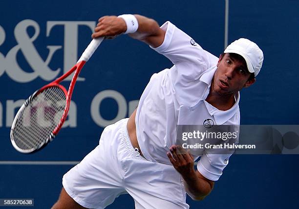 Igor Sijsling of the Netherlands serves to Bjorn Fratangelo of the United States during the BB&T Atlanta Open at Atlantic Station on August 2, 2016...