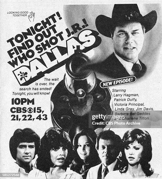 Television advertisement as appeared in the November 15, 1980 issue of TV Guide magazine. An ad for the drama DALLAS. The Who Shot J.R.? revelation...