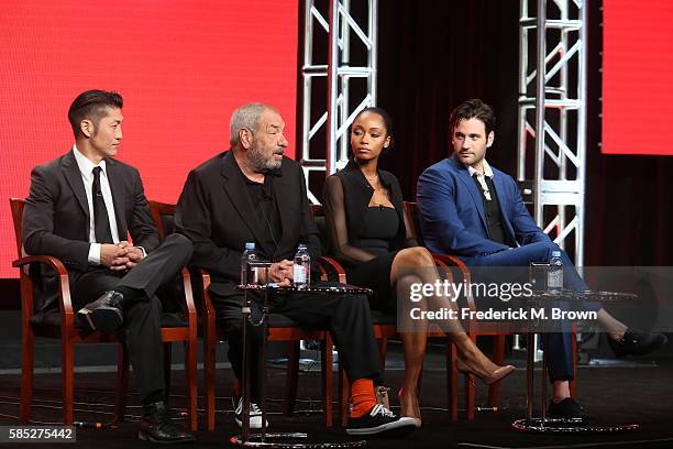 Actor Brian Tee, executive producer Dick Wolf and actors Yaya DaCosta and Colin Donnell speak onstage at the 'Chicago Med' panel discussion during...