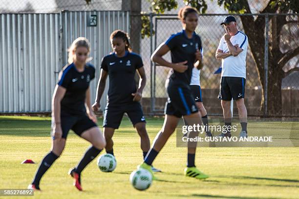 The coach of France's female football team, Philippe Bergeroo , conducts a training session ahead of the Rio 2016 Olympic Games at the Cruzeiro FC...